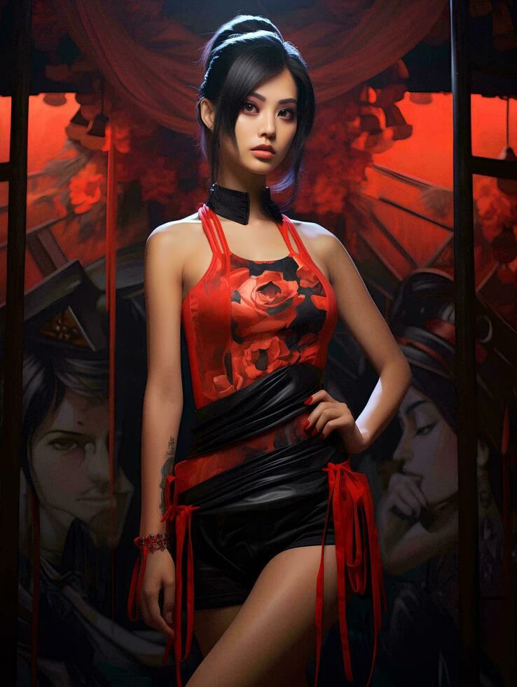 AI generated Full Body Portrait of a woman in red short sleeveless Chinese dress, long black ponytail hair, AI Generative photo