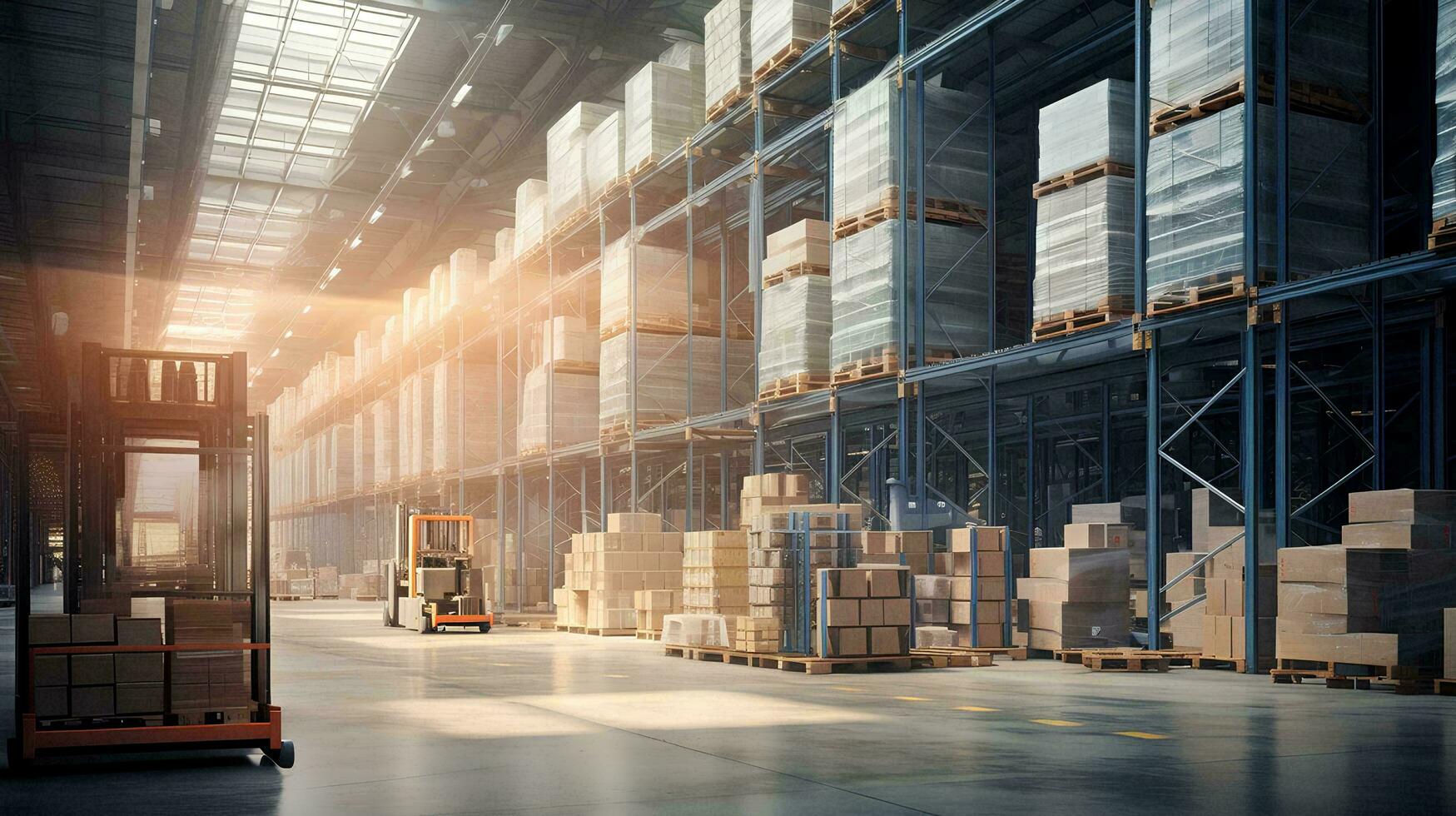 AI generated retail warehouse, shelves filled with boxes, pallets and forklifts, logistics and transportation product distribution centers photo