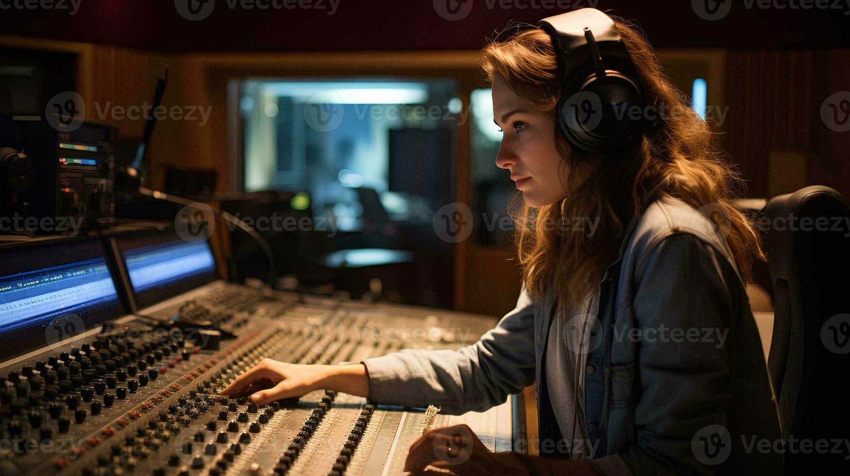 AI generated A woman works behind a sound mixing board in a fully equipped recording studio photo