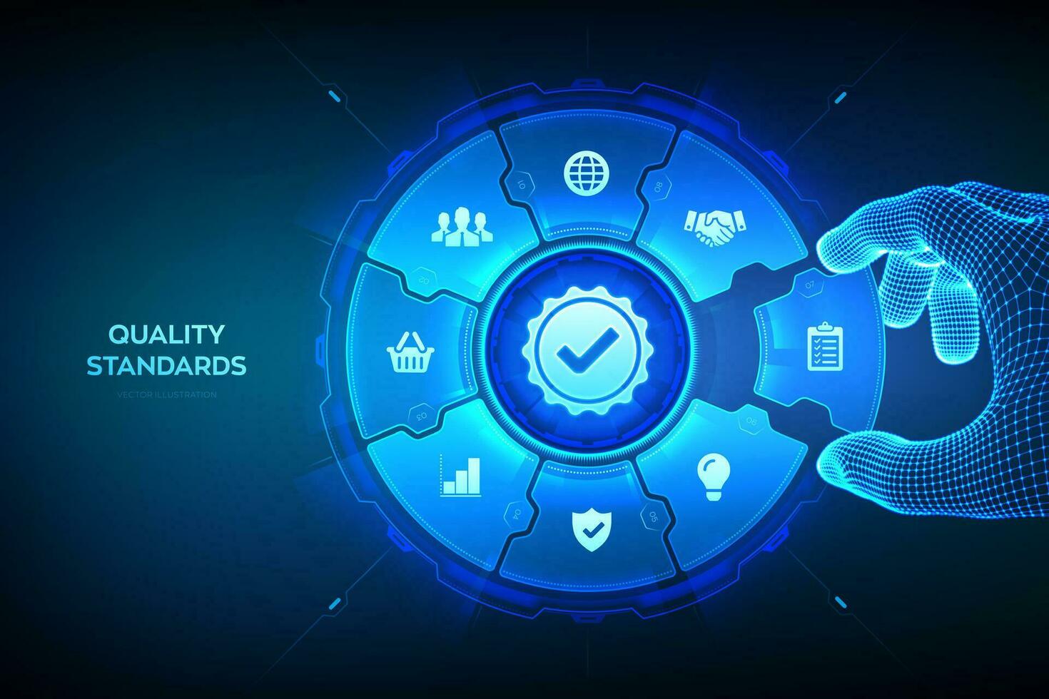 Quality standards control technology concept. ISO standardization certification service concept. Wireframe hand places an element into a composition visualizing quality control. Vector illustration.