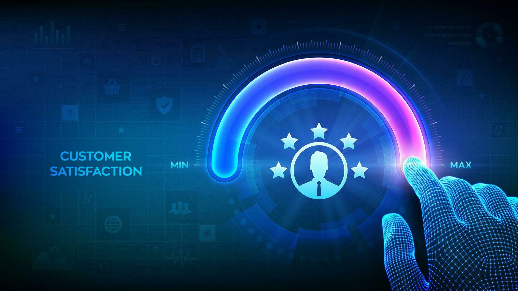 Customer satisfaction. Customer survey and feedback analytics. Wireframe hand is pulling up to the maximum position circle progress bar. AI and automation technology in marketing. Vector illustration.