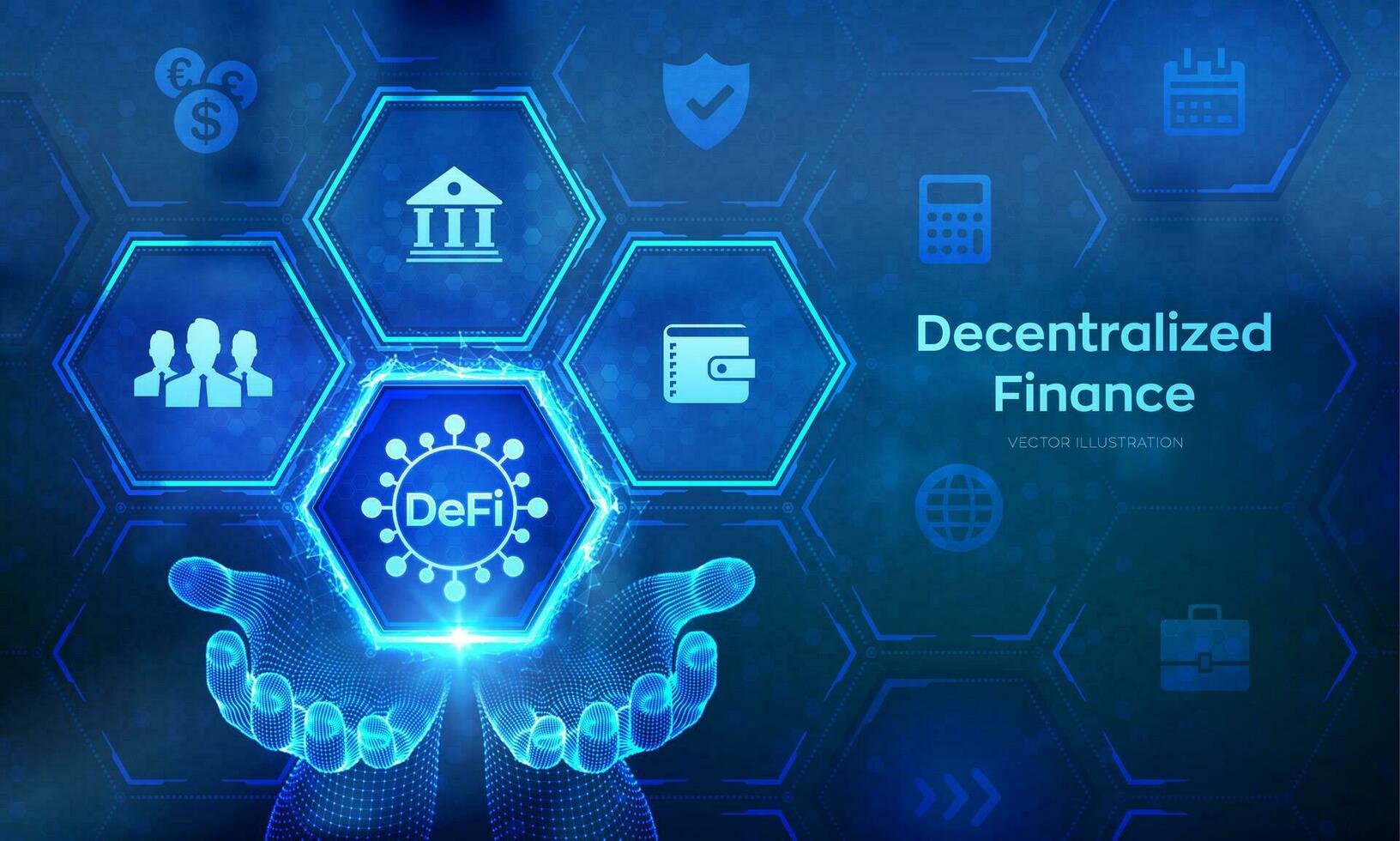 DeFi. Decentralized Finance. Blockchain, decentralized financial system. Business technology concept in wireframe hands. Vector illustration.