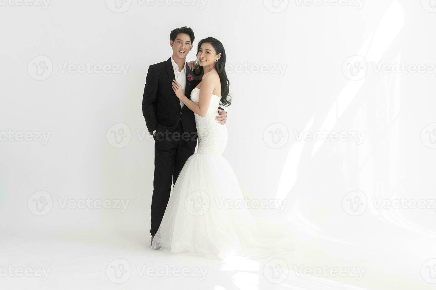 Couple of bride and groom enjoying romantic moments in wedding ceremony, Love, celebration and marriage. photo