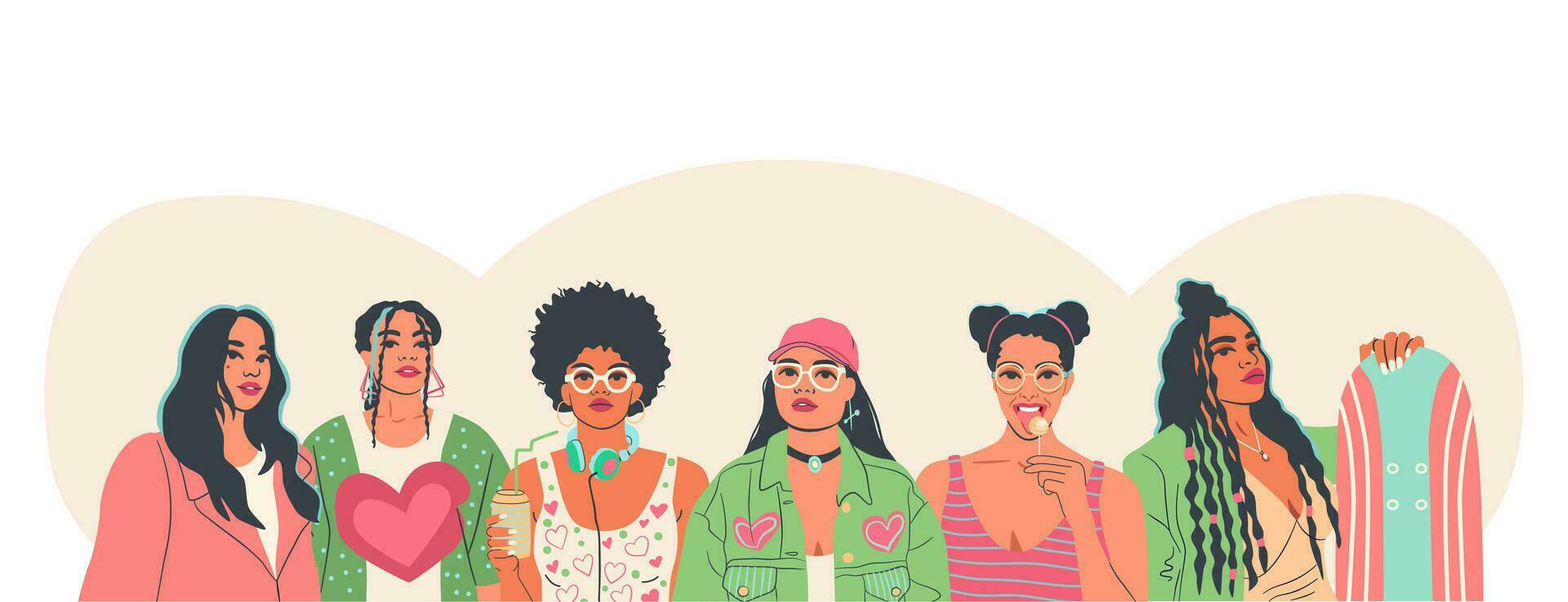 diverso grupo de joven mujer en miedoso vistoso estilo. un colección de hembra retratos en de moda ropa. mujer empoderamiento concepto. vector