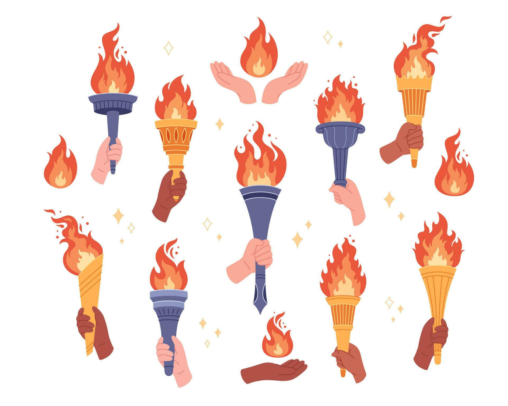 Set Of Burning Torches With Flame In Hands Symbol Of Competition set-of-burning-torches-with-flame-in-hands-symbol-of-competition