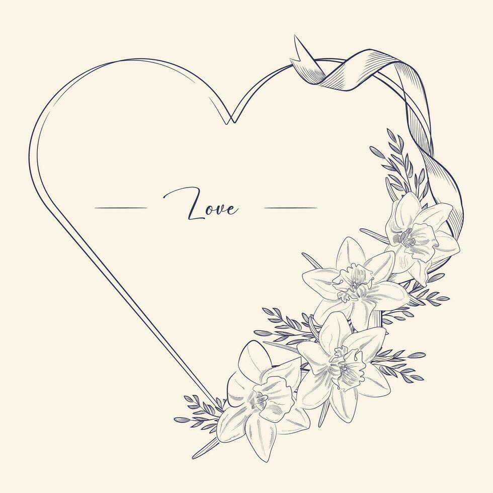 Floral frame in the shape of a heart. Spring flowers. Greeting card template. It can be used as an design element. Vector
