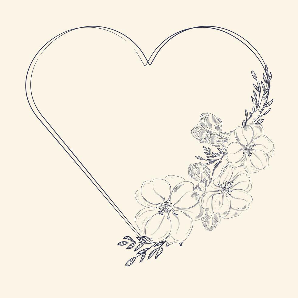 Heart shaped text frame with spring flowers. Wedding or Valentine's Day invitation card with lace edge frame. Vintage style. vector