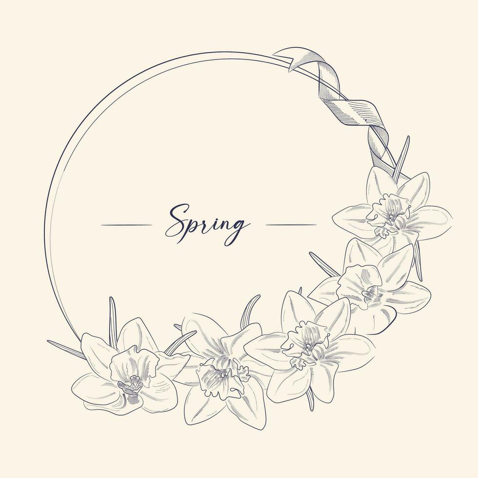 Corner frame with daffodil flowers in doodle style. Vector black and white illustration,