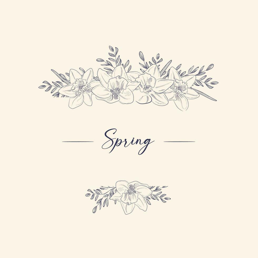 Vector banner template with spring graphic linear flowers. Frame of primroses in engraving style. Snowdrops, irises, hyacinths, muscari, crocuses, daffodils, brunner,