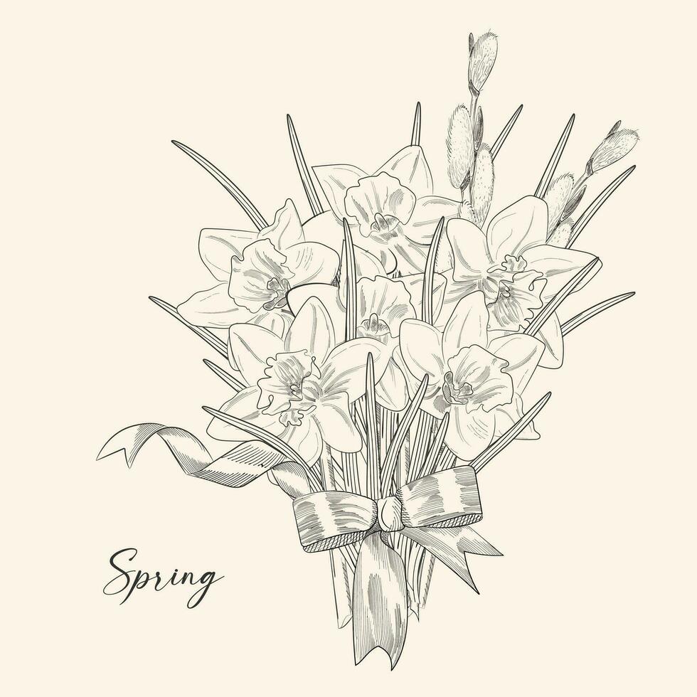 manojo de temprano primavera flores botánico ilustración grabado estilo. vector. negro y blanco vector