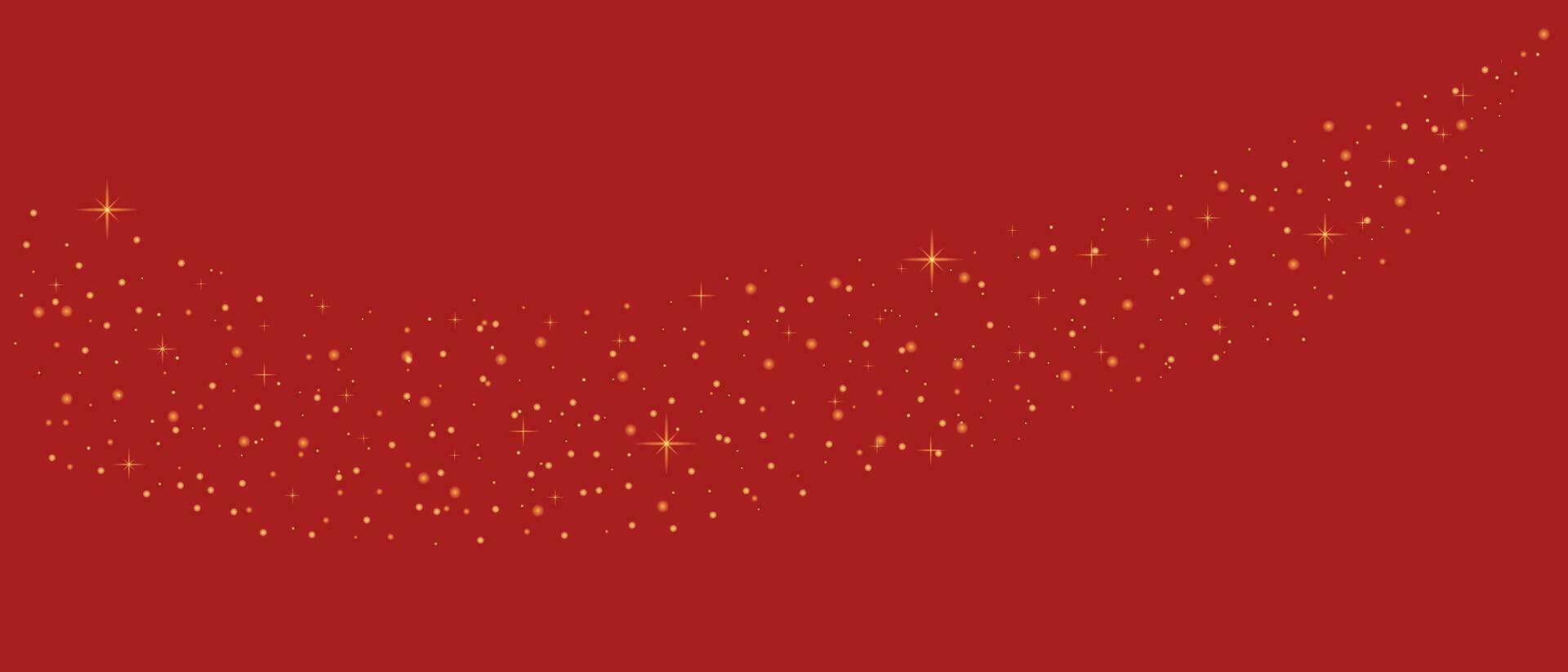 Golden sparkles glow with many lights. Glitter dust on red. Luxurious background made of gold particles. vector