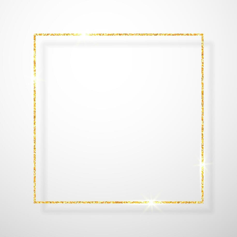 Gold shiny glitter glowing vintage frame with shadows isolated on transparent background. Golden luxury realistic rectangle border. Vector illustration