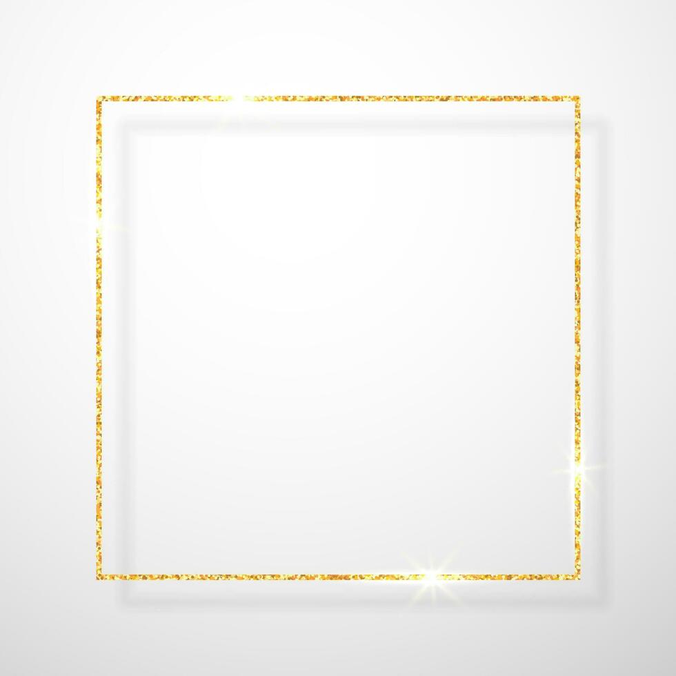 Gold shiny glitter glowing vintage frame with shadows isolated on transparent background. Golden luxury realistic rectangle border. Vector illustration