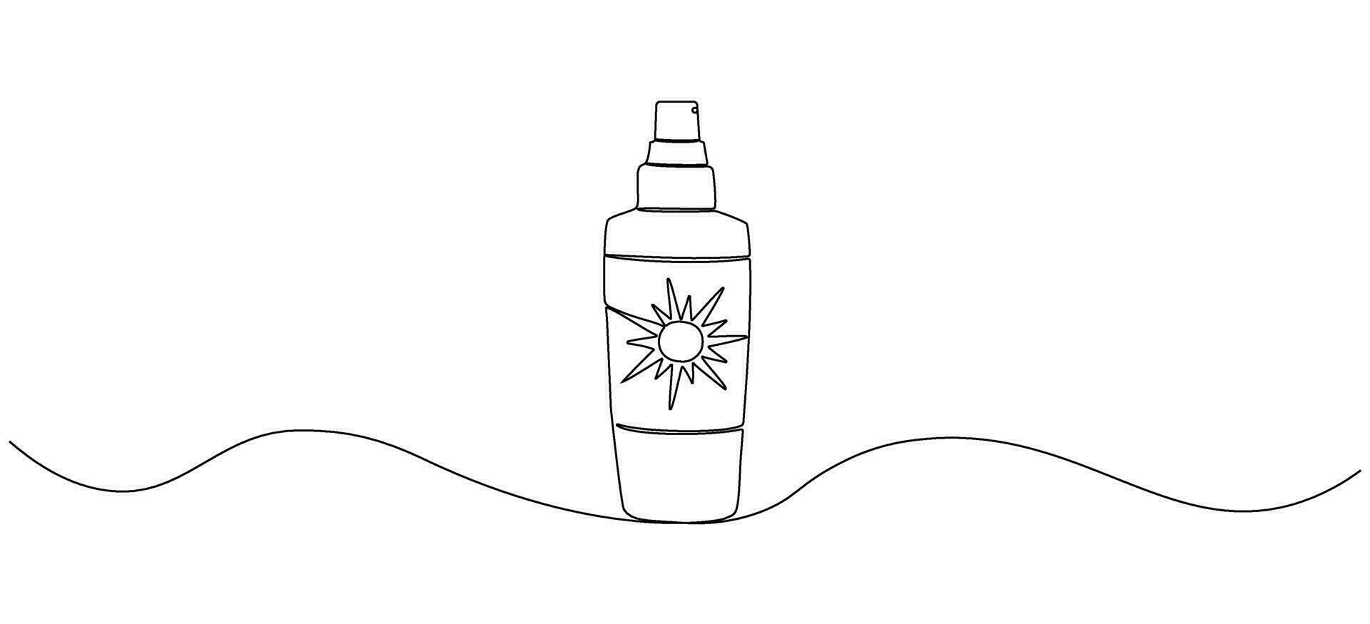Continuous single line illustration of cosmetic cream or spray sunscreen gel. Vector illustration showing sunscreen in a one line style.