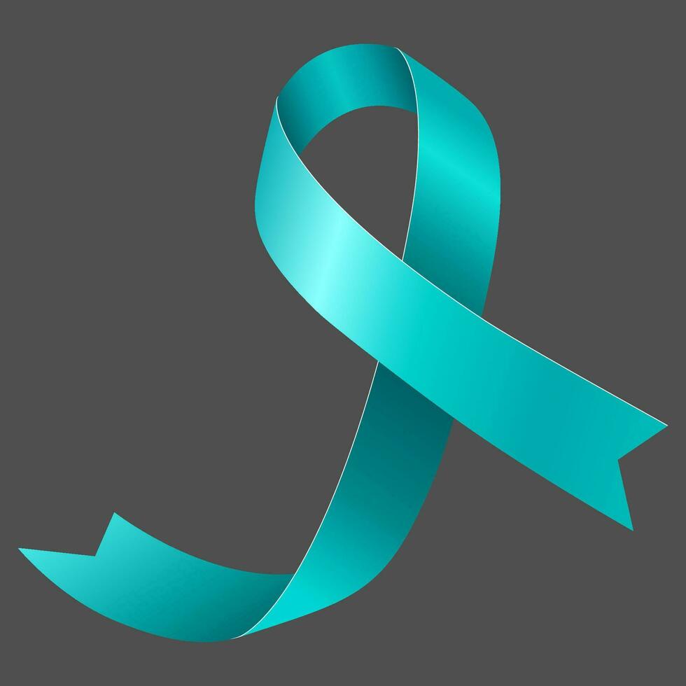 Teal Awareness ribbon. Awareness for cervical cancer, Ovarian Cancer, Polycystic Ovary Syndrome PCOS, Post Traumatic Stress Disorder, Obsessive Compulsive Disorder. Vector 3d illustration