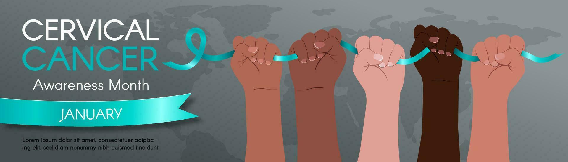 Long horizontal Banner for Cervical Cancer Awareness Month. Diverse hands hold a teal ribbon. Modern flat vector illustration