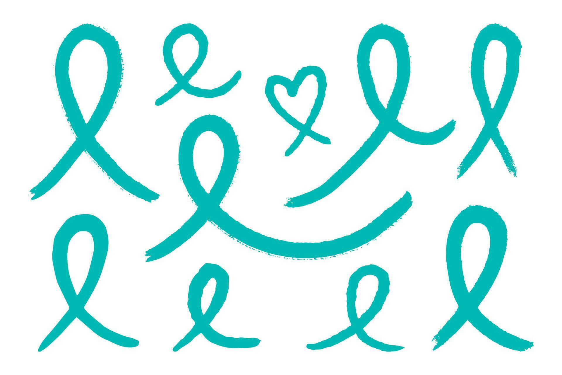 Set of Teal ribbons. Awareness for cervical cancer, Ovarian Cancer