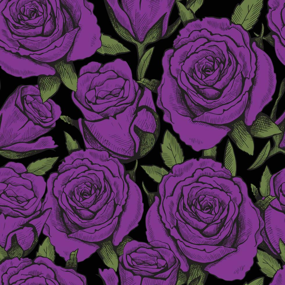 Hand-drawn roses. Floral vintage purple seamless vector pattern. For fabric, wallpaper, and wrapping paper.