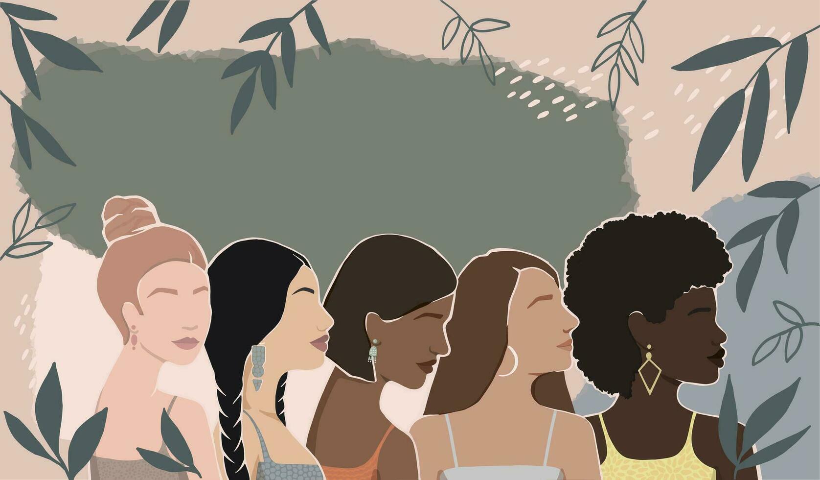 Diverse women together. Abstract illustration with leaves and spots. vector