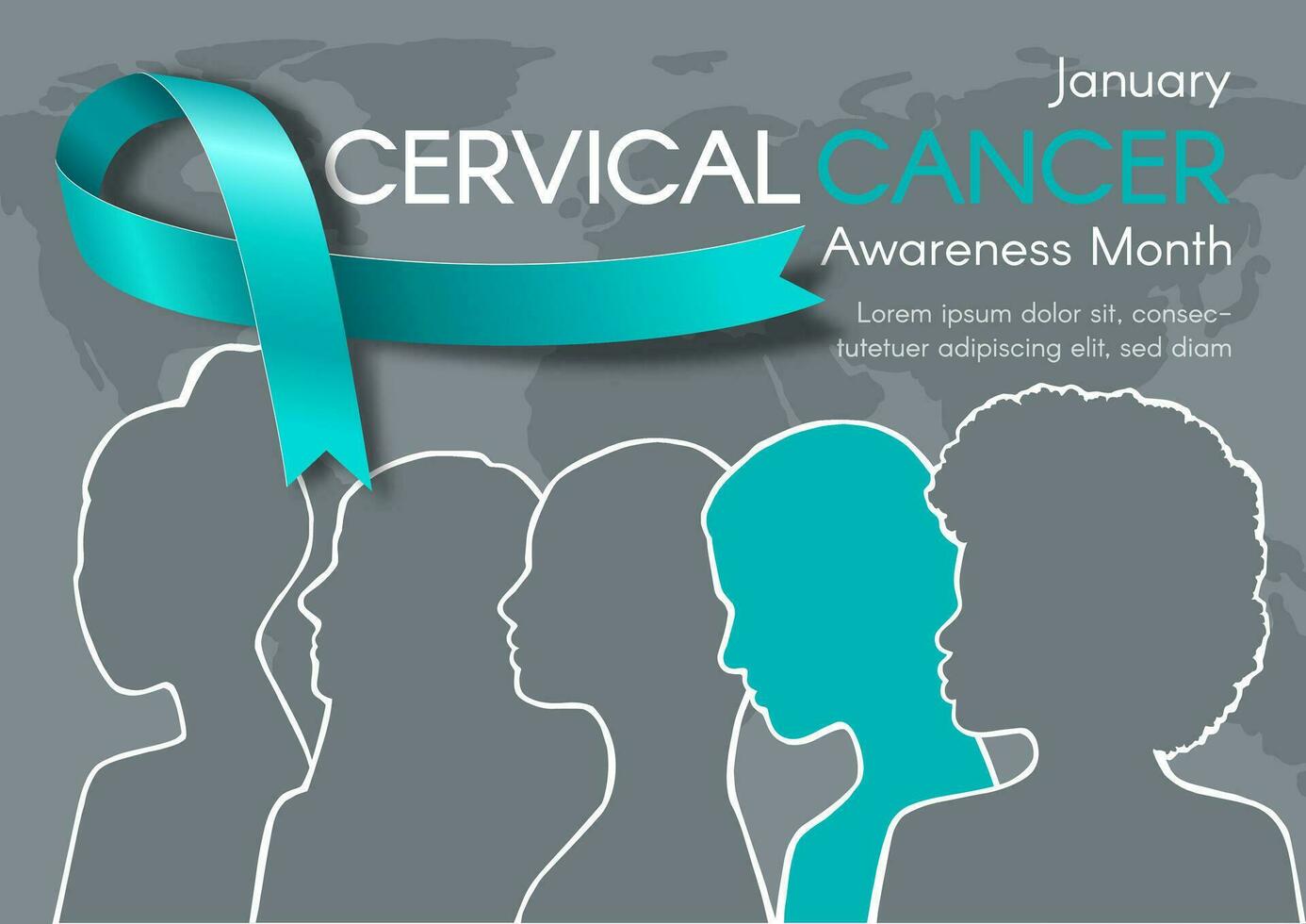 horizontal bandera para cervical cáncer conciencia mes. diverso De las mujeres siluetas, texto, y un verde azulado cinta. moderno plano vector ilustración