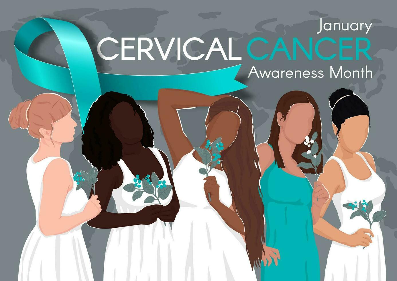 horizontal bandera para cervical cáncer conciencia mes. diverso mujer con flores, texto, y un verde azulado cinta. moderno plano vector ilustración