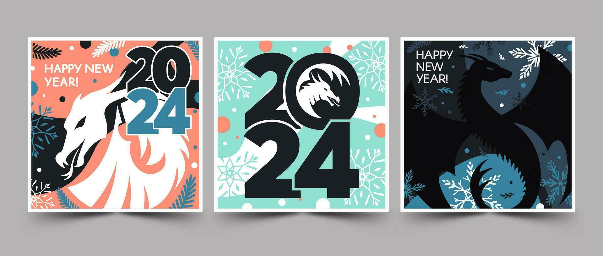 Set of Happy New Year 2024 square banners with dragons, balloons, snowflakes, and text in pink, blue, green, and black colors. Vector modern flat illustration.