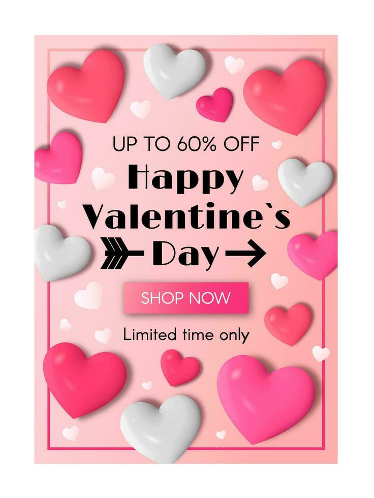 Happy Valentine's Day poster with 3d hearts. Sale promotion. Vector modern illustration