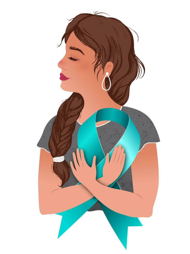 linda niña participación un verde azulado cinta en su manos. conciencia para cervical cáncer, ovario cáncer, y poliquístico ovario síndrome pcos. dibujado a mano vector vistoso ilustración..