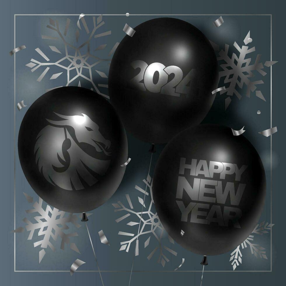 contento nuevo año 2024 tarjeta con dragones, globos, copos de nieve, y congratulatorio texto. vector 3d ilustración.