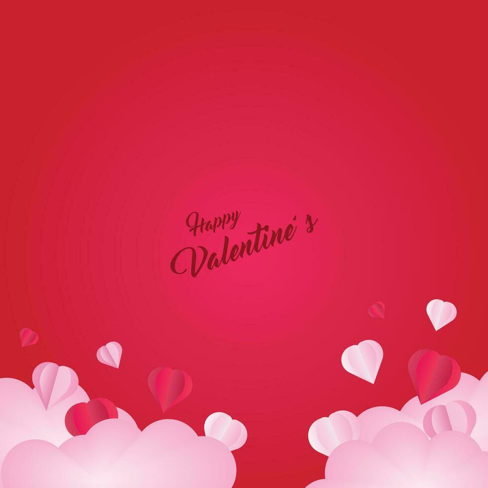 Background design with paper cut clouds. Place for text. Happy Valentine's Day sale header with hanging hearts. vector