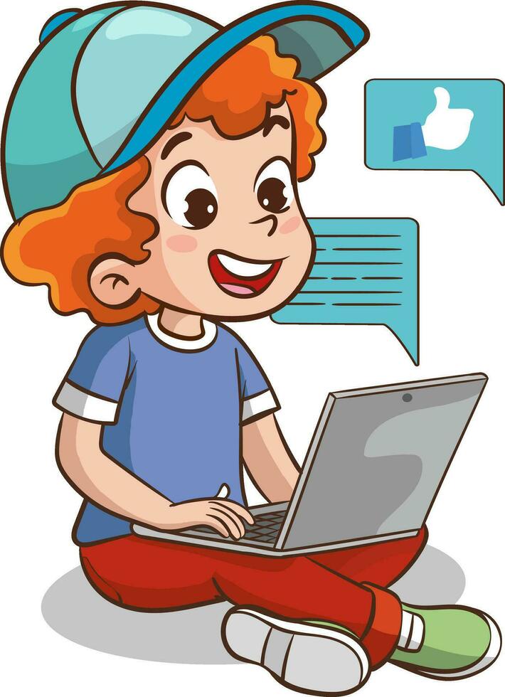 children with laptop and speech bubble. Vector illustration of a cartoon character.