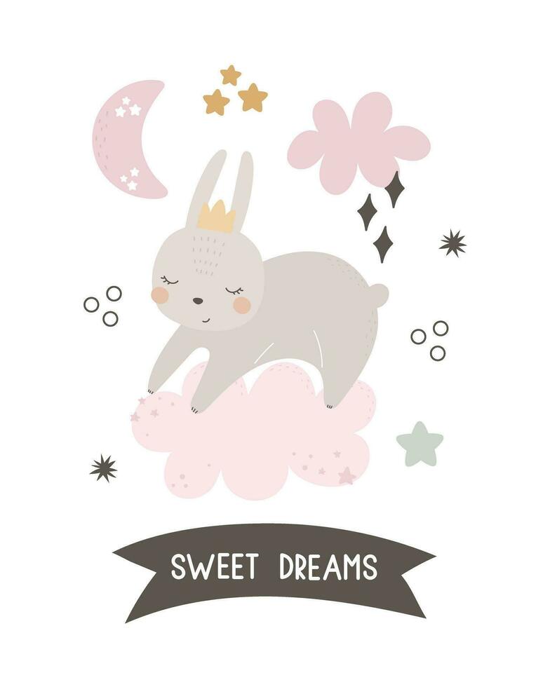 dulce Sueños. dibujos animados conejito, mano dibujo letras, decoración elementos. vistoso vector ilustración, plano estilo. diseño para saludo tarjetas, imprimir, póster