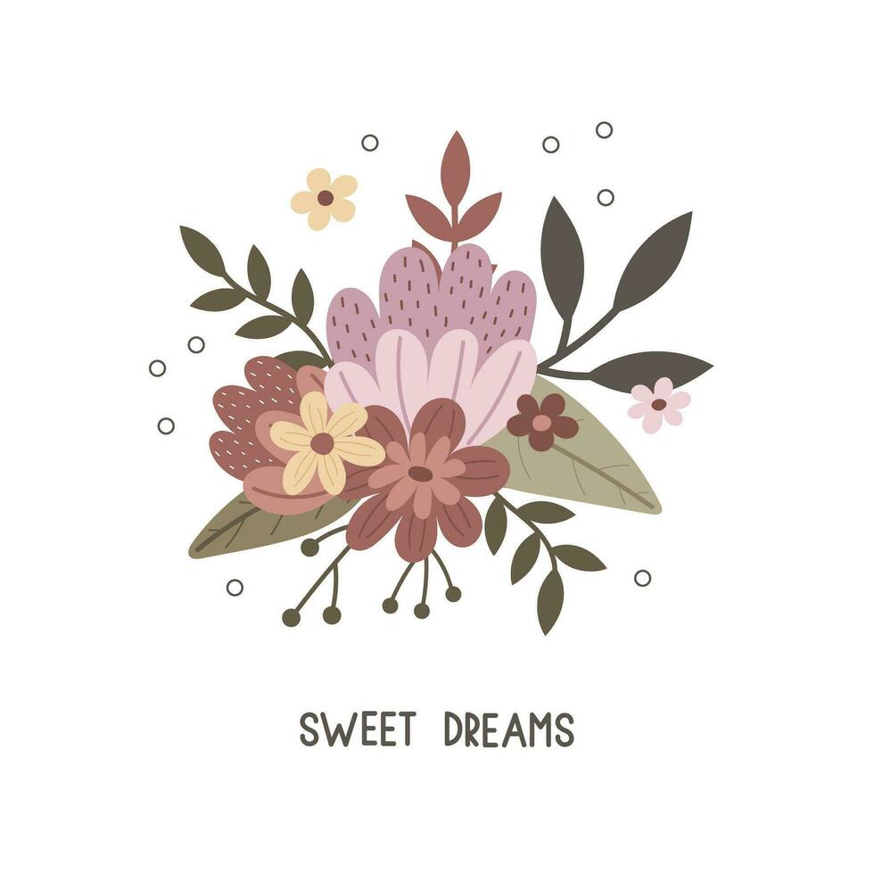 Sweet dreams. Cartoon flower, twig, hand drawing lettering. Colourful vector illustration. flat Hand drawing. Romantic theme. design for greeting cards, invitation cards, posters.