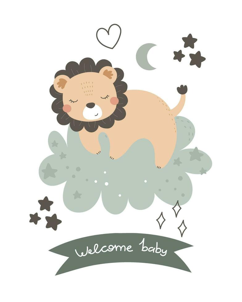 Bienvenido bebé. dibujos animados león, mano dibujo letras, decoración elementos. vistoso vector ilustración, plano estilo. diseño para saludo tarjetas, imprimir, póster