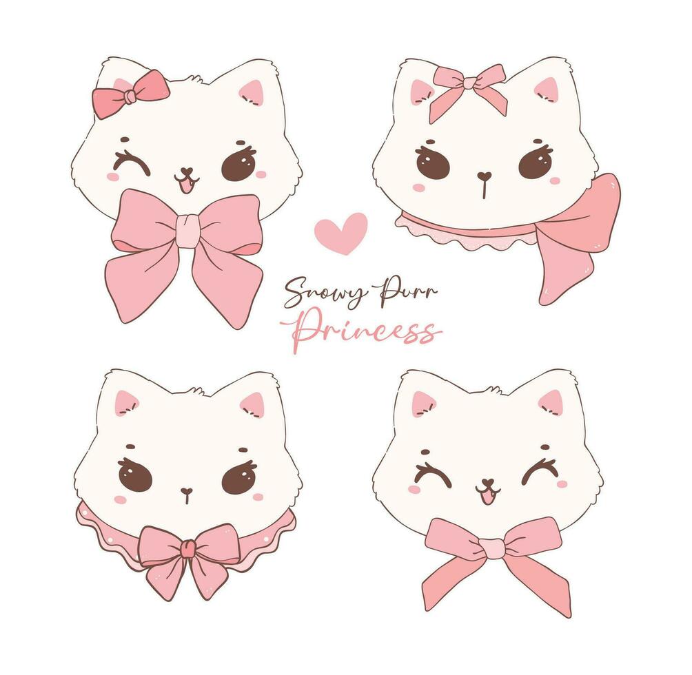 Cute coquette cat face with Valentine fluffy white kitten adroned with pink ribbon bow set, adorable pet animal doodle illustration hand drawing. vector