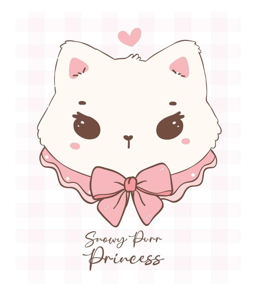 Cute coquette cat face with Valentine fluffy white kitten adroned with pink ribbon bow, adorable pet animal doodle illustration hand drawing. vector