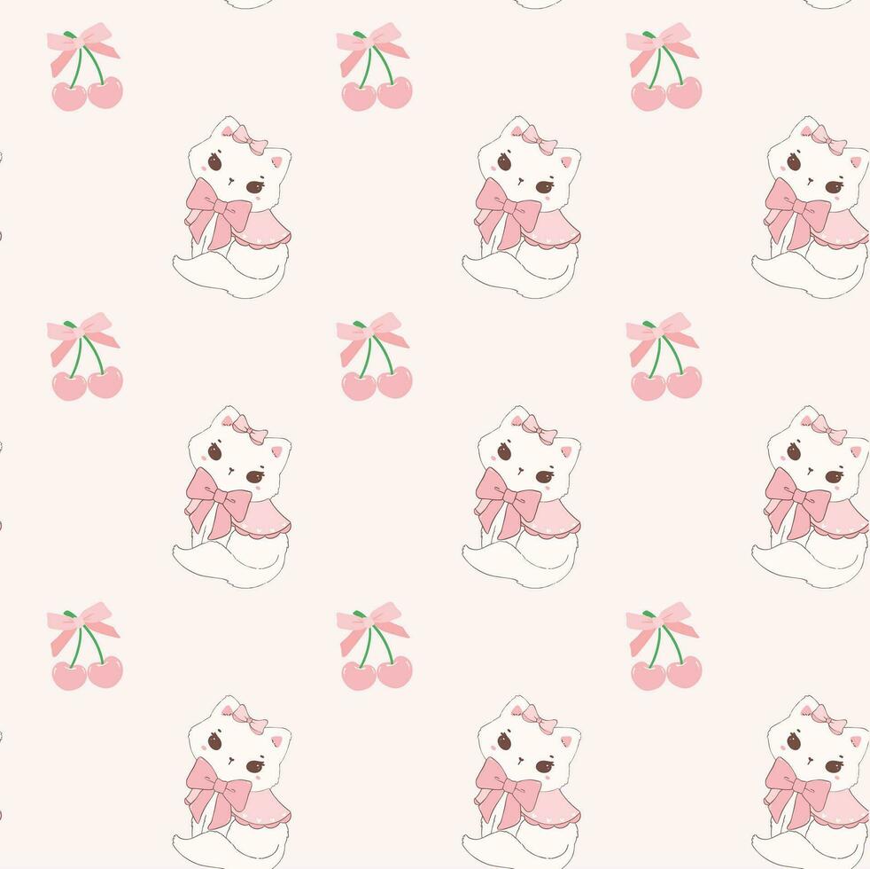 Cute coquette cats and cherries adroned with pink ribbon bow pattern seamless isolated on white background. vector
