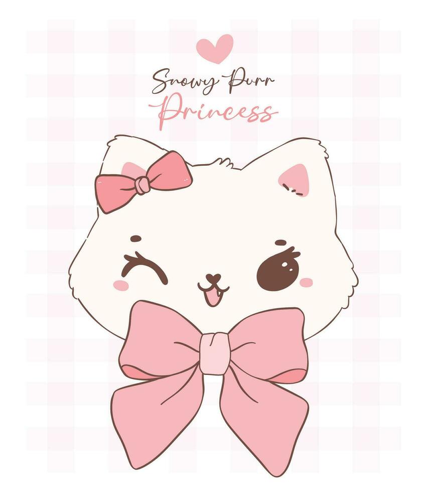 Cute coquette cat face with Valentine fluffy white kitten adroned with pink ribbon bow, adorable pet animal doodle illustration hand drawing. vector