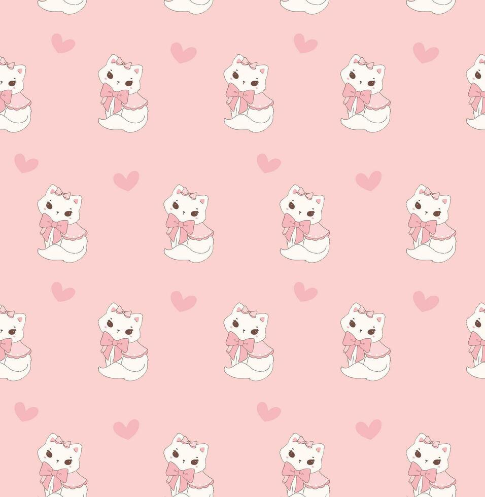 Cute coquette cat adroned with pink ribbon bow pattern seamless isolated on pink background. vector