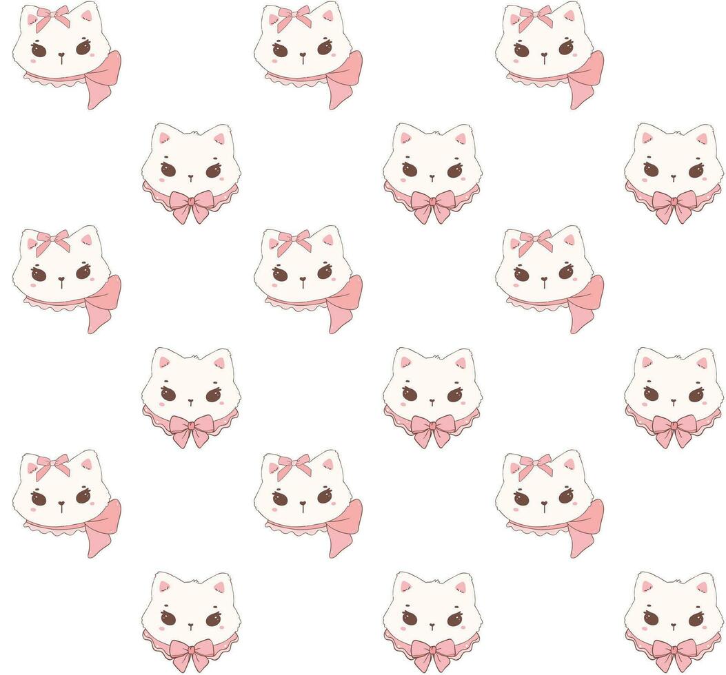 Cute coquette cat face adroned with pink ribbon bow pattern seamless isolated on white background. vector