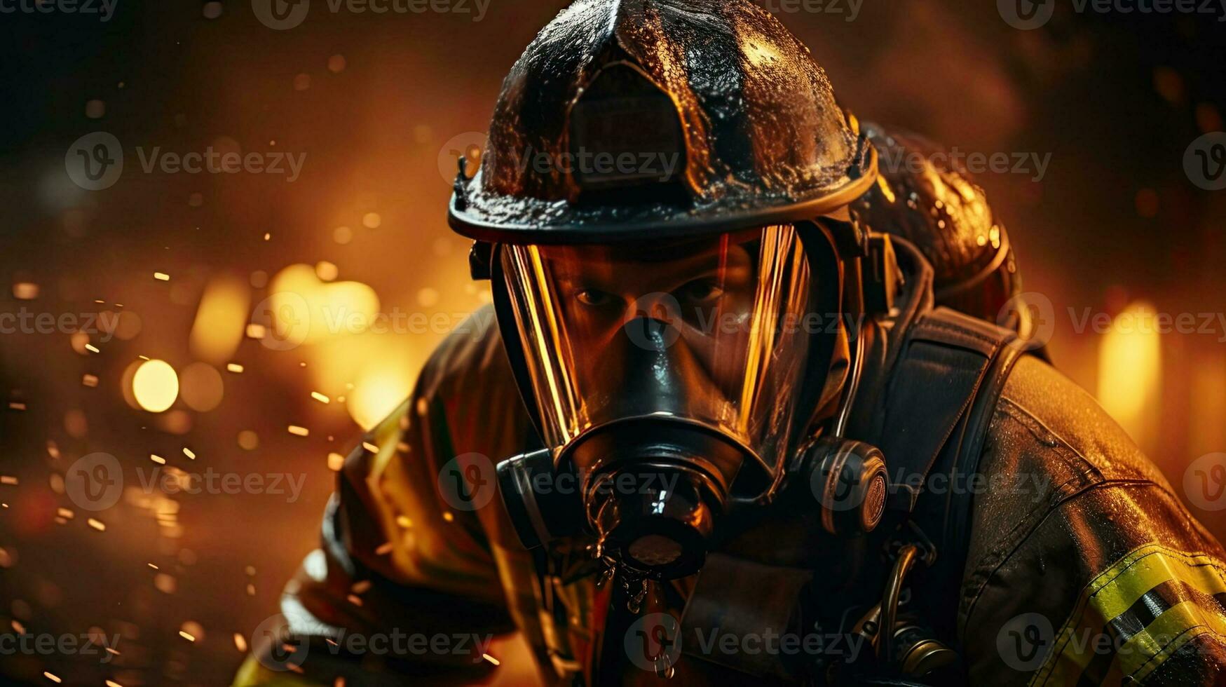 AI generated Portrait of firefighter in uniform and mask. Firefighter in action photo