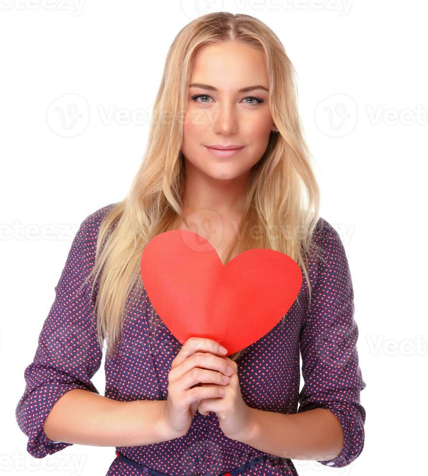 Beautiful woman with red heart photo