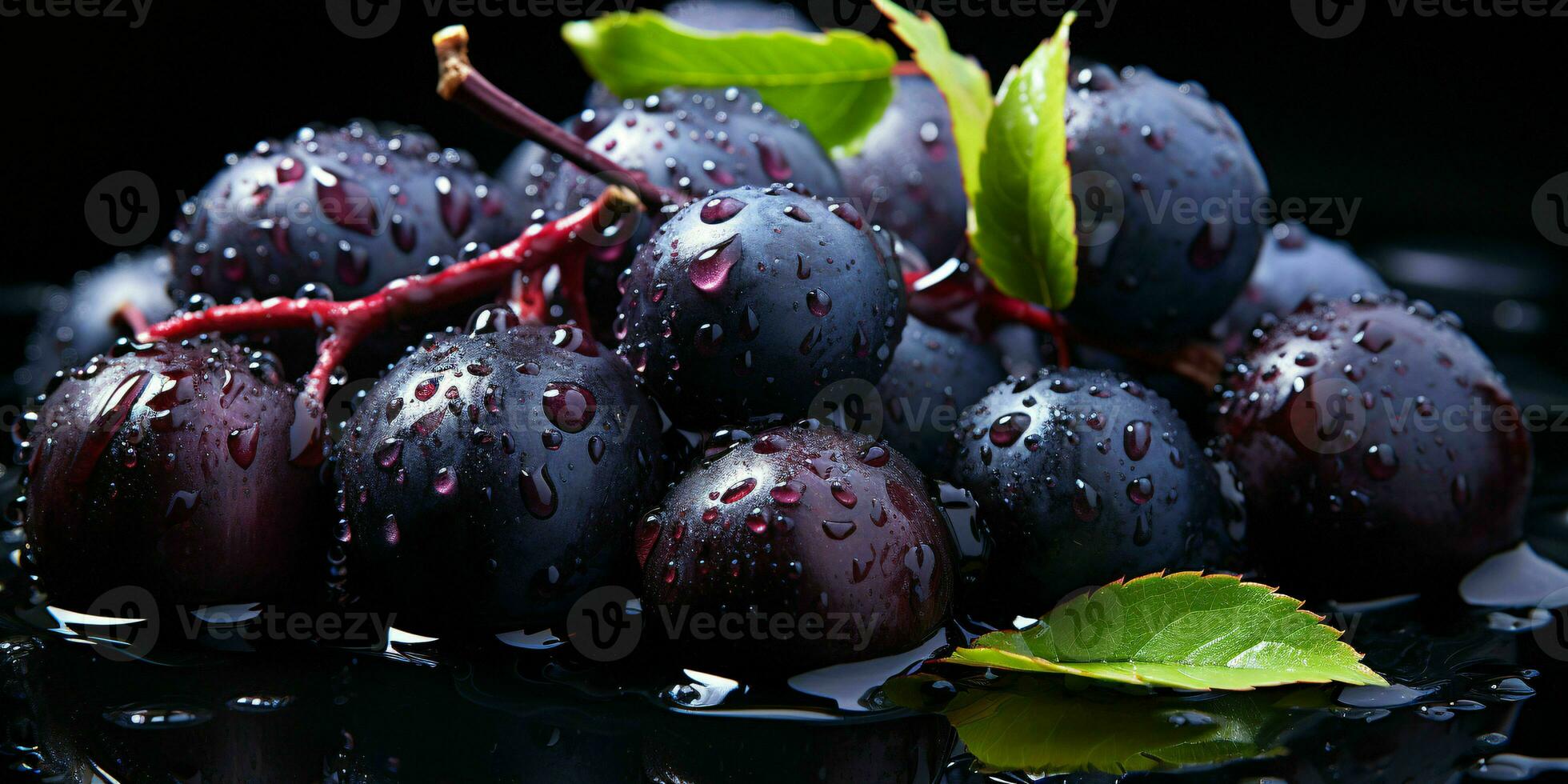 AI generated Fresh Acai Berry with Water Droplets Isolated on a Black Background. Euterpe oleracea. Generative AI photo