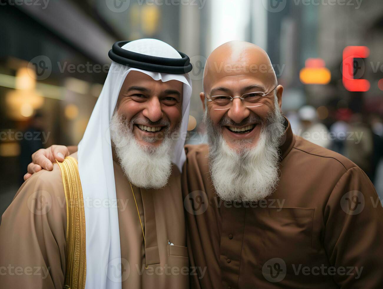 AI generated Portrait of Muslim Imam and Christian Priest Embracing Each Other. Generative Ai photo