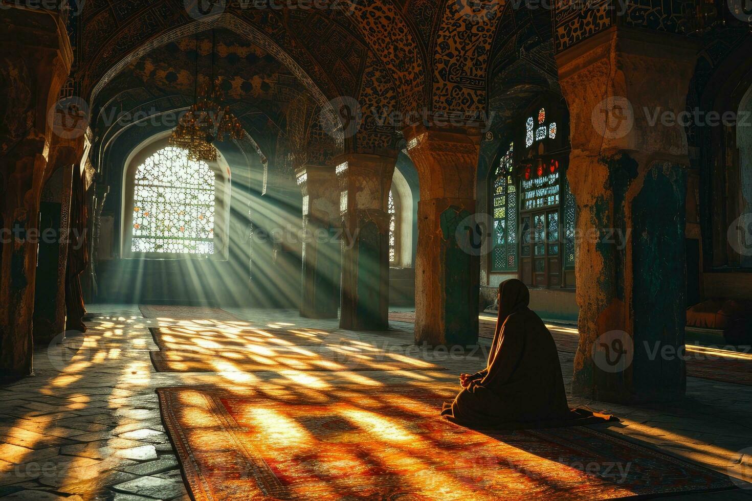 AI generated Muslim Man Praying at a Mosque with Sunlight Effect. Worshiping God. Generative AI photo