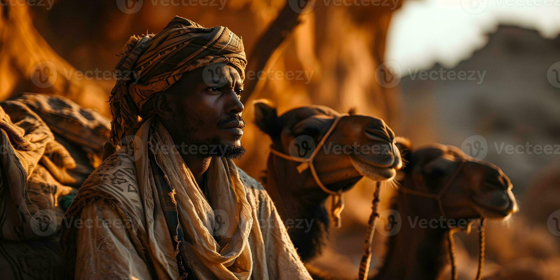 ai generado medio oriental hombre con su camellos en el Desierto a puesta de sol. generativo ai foto