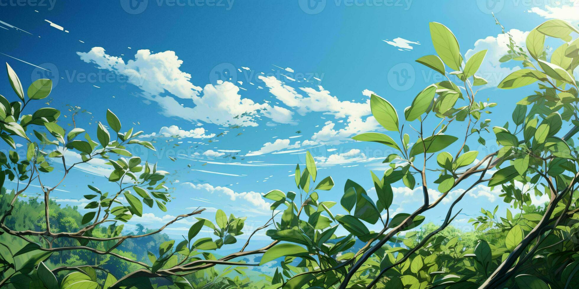 AI generated Fresh Green Leaves with Cloudy Blue Sky View. Generative AI photo