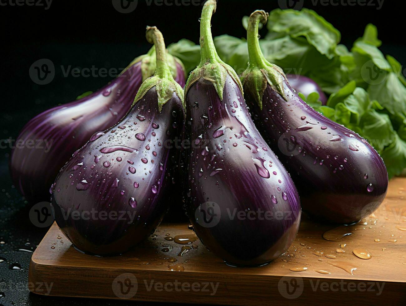 AI generated Fresh Eggplant with Water Droplets. Group of Aubergine. Generative AI photo