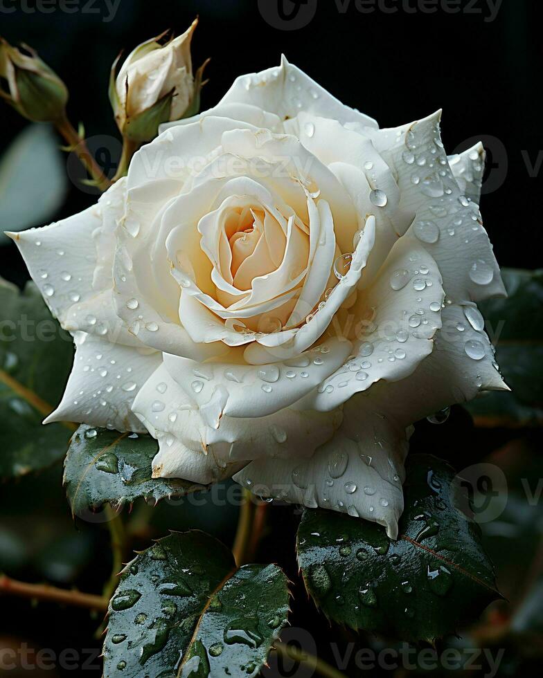 AI generated Blooming White Rose with Water Droplets on it Isolated on Black Background. Rose Close Up. Generative AI photo