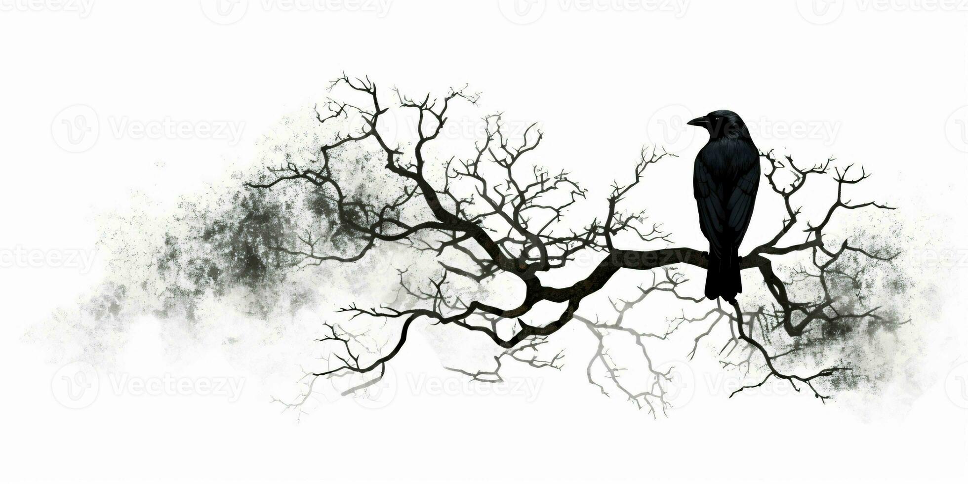 AI generated Crow Perched on a Tree Branch Isolated on White Background. Raven. Generative AI photo